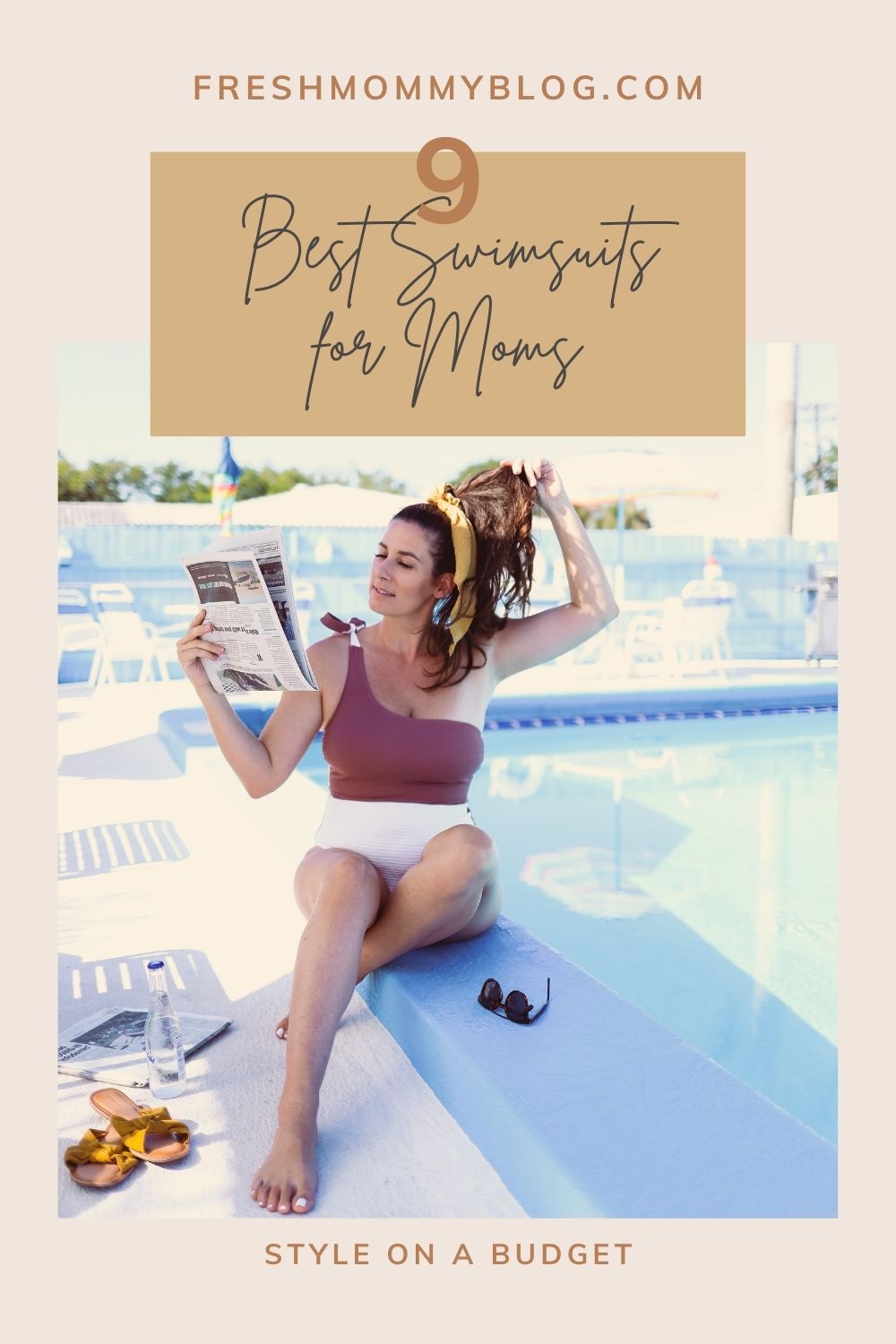 Swimsuits for Moms by popular Florida fashion blog, Fresh Mommy Blog: Pinterest image of a woman sitting outside next to the Palm Court motel swimming pool and wearing a two tone one piece swimsuit. 