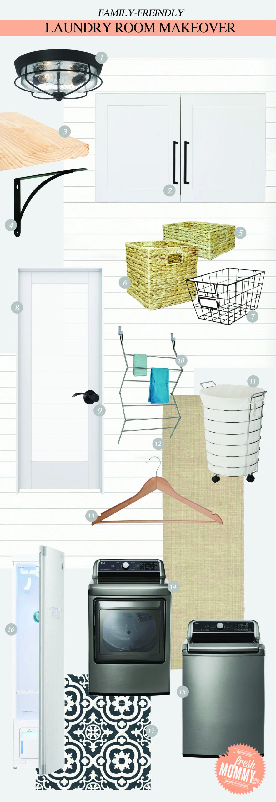 Laundry Room Makeover Ideas! Design plans and ideas for creating a family friendly laundry room by popular Florida lifestyle and home DIY blogger Tabitha Blue of Fresh Mommy Blog